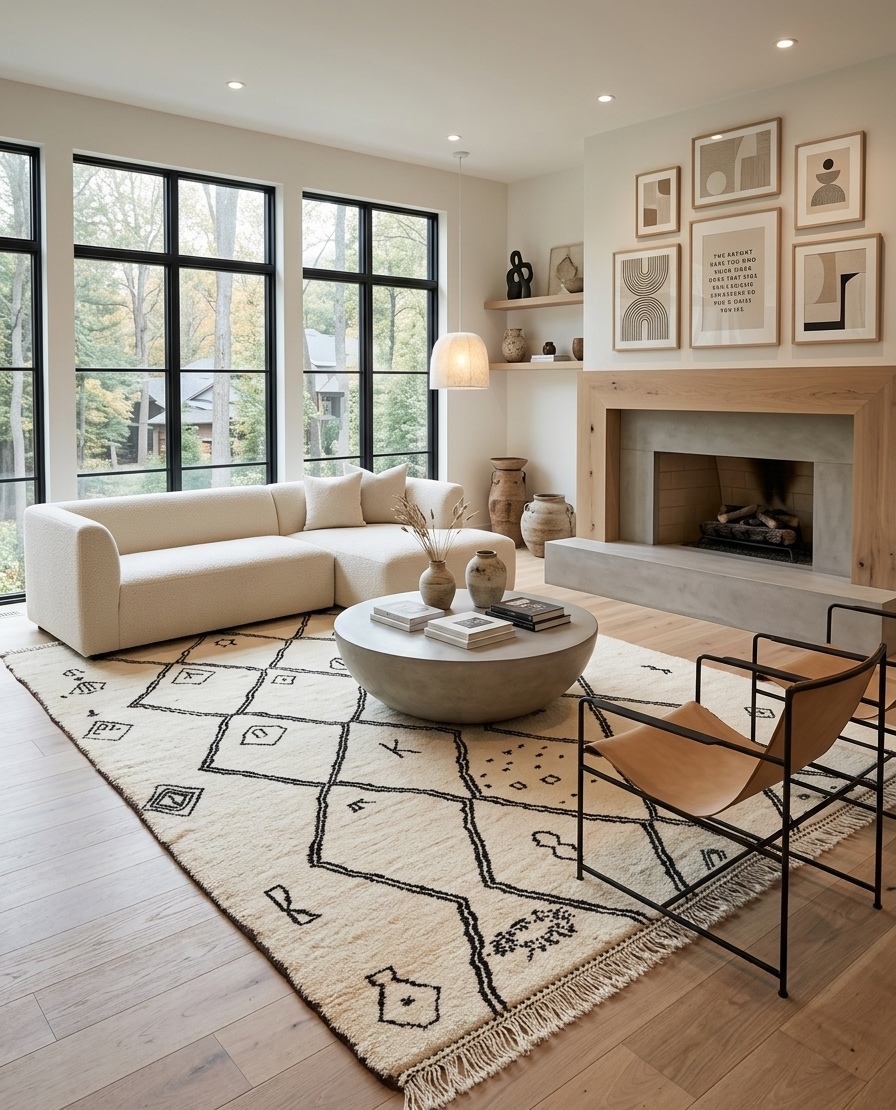 Moroccan rug styled in a bright living room
